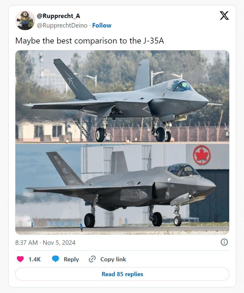 Screen tweeta, który ilustruje, jak bardzo myśliwiec J-35 jest podobny do F-35.