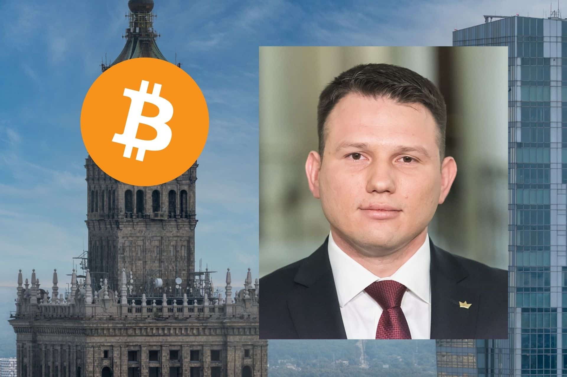 Sławomir Mentzen, w tle Pałac Kultury w Warszawie z logo Bitcoin.