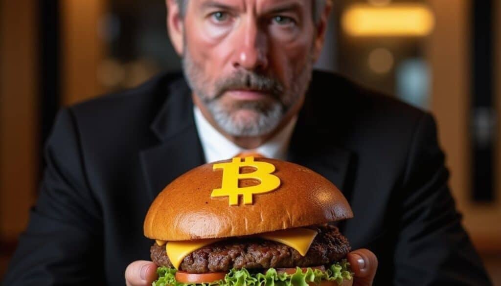 michael saylor z hamburgerem z logo kryptowaluty bitcoin