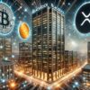 Minotaurus, Bitcoin i XRP, w tle panorama miasta.