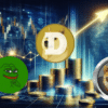 Pepe, Doge i Dogen na tle monet i wykresu wzrostu.