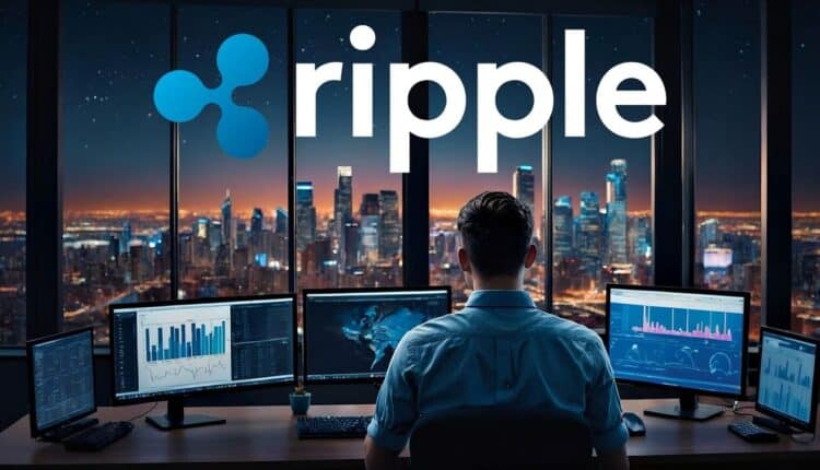 Trader analizuje wykresy. W tle logo Ripple (XRP).