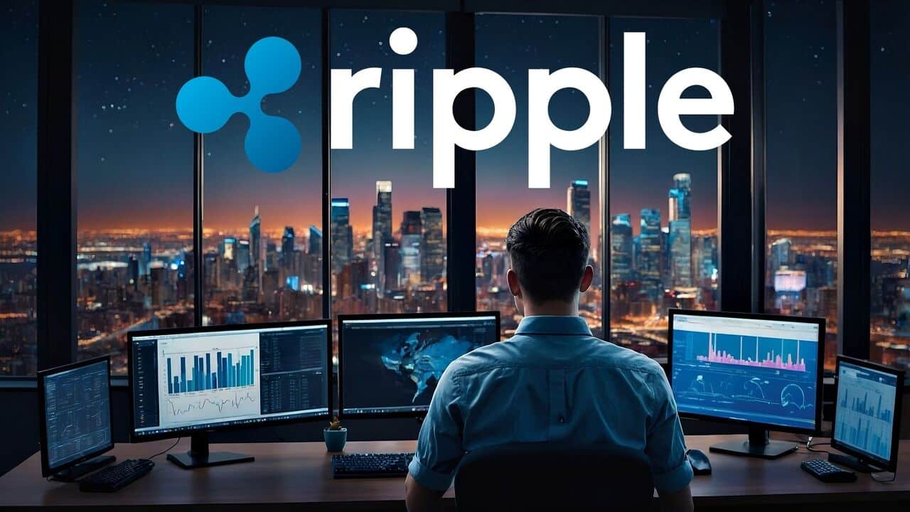 Trader analizuje wykresy. W tle logo Ripple (XRP).