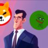 Shib i Pepe, w tle zamyślony trader.