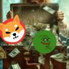 Shib i Pepe w tle walizka pełna banknotów.