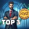 Trzy topowe altcoiny, w tle trader i wykres pokazujący wzrost.