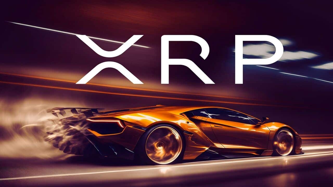 XRP na tle rozpędzonego auta sportowego.