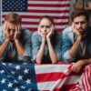 zmęczeni Amerykanie na tle flagi USA