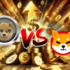 Dogen vs SHIB, w tle złote monety.