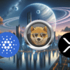 ADA, DOGEN, XRP na tle kosmicznego miasta.