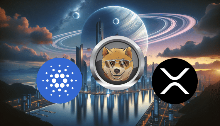 ADA, DOGEN, XRP na tle kosmicznego miasta.