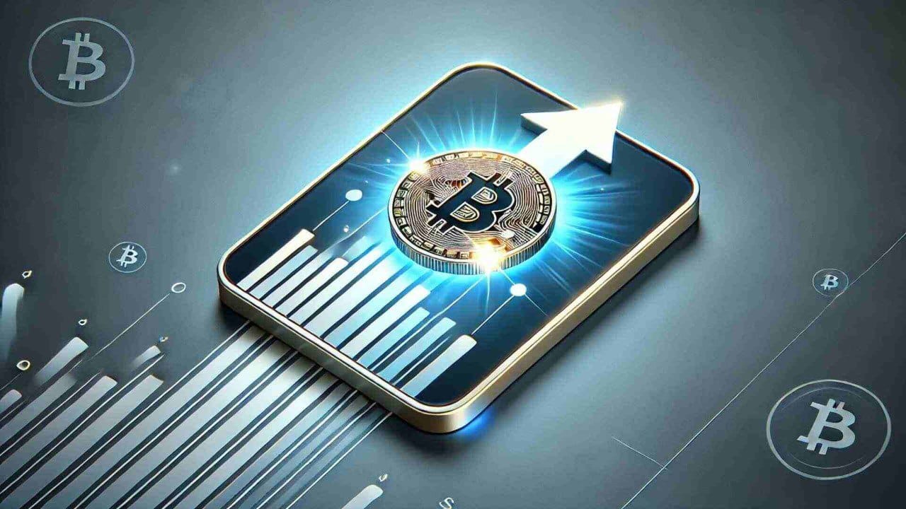 Smartfon z BTC na ekranie i wykresem wzrostu.