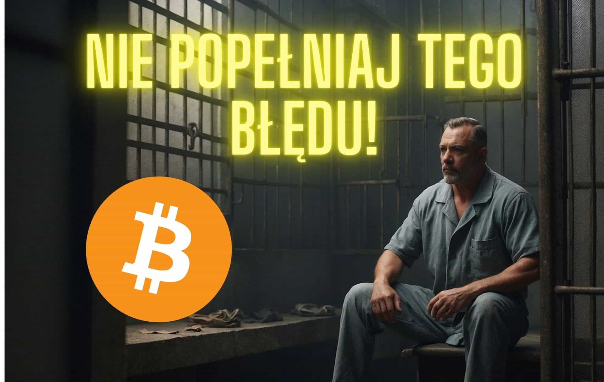 Logo Bitcoin, ostrzeżenie, osadzony w więzieniu.