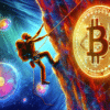 Alpinista wspina się po górze Bitcoin.