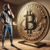 chłopak stojący obok monety bitcoin