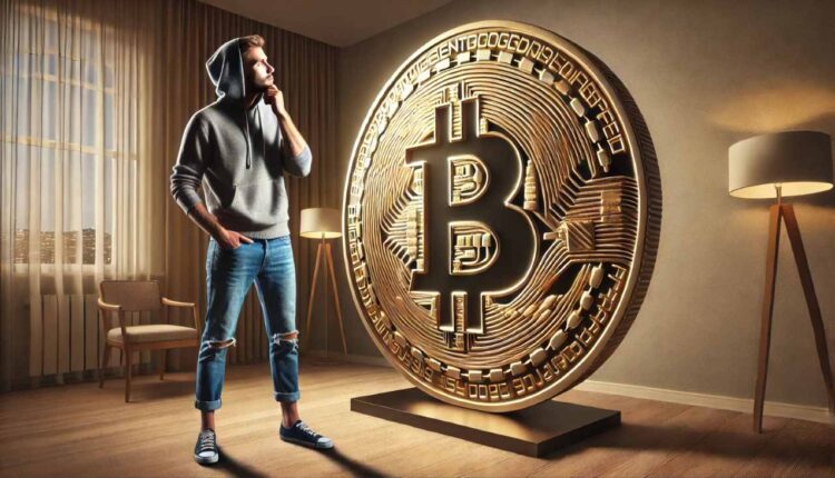 chłopak stojący obok monety bitcoin