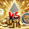 DOGE vs DOGEN, w tle złote monety.