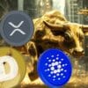 DOGE, XRP i ADA, w tle rozpędzony byk symbolizujący wzrost.
