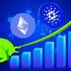 Ethereum i ADA na tle wykresu wzrostu. Byk symbolizujący hossę.