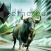 Logo Ethereum, w tle rozpędzony byk i wykres wzrostu.