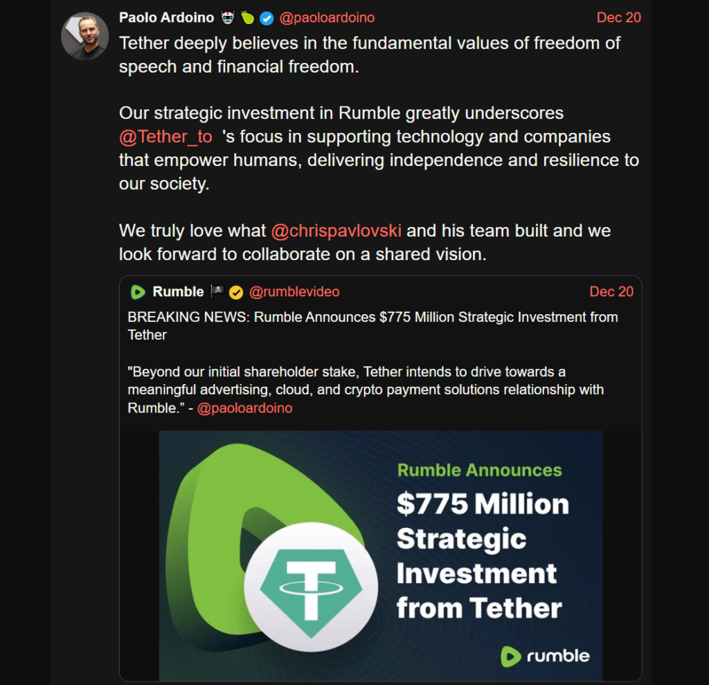 Tether investing in Rumble – screen
