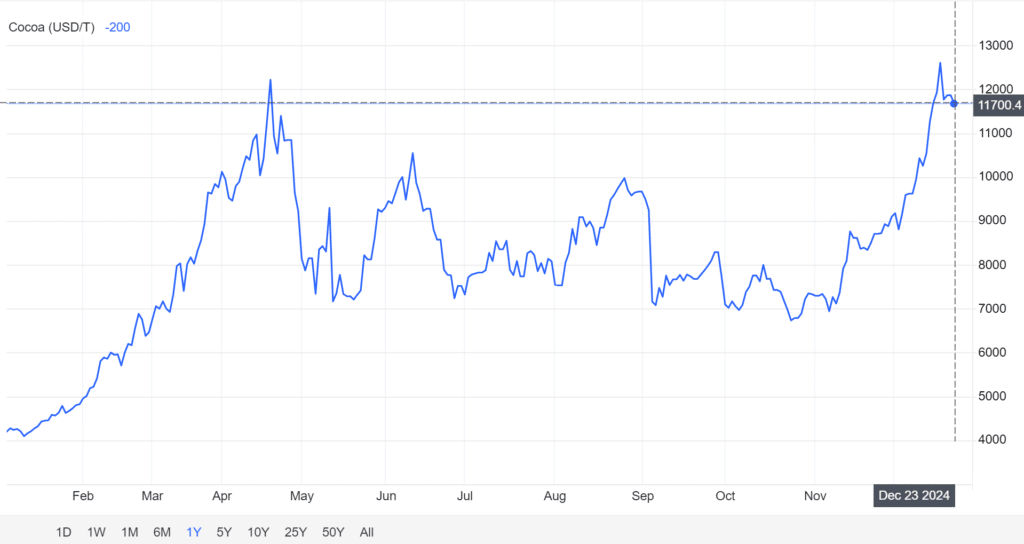 Kakao – wykres ceny w 2024 r.