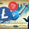Litecoin, Tron i Toncoin, w tle wykresy giełowe.