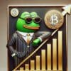 Żaba Pepe w garniture obserwuje wzrost BTC.