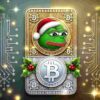 Pepe w czapce Świętego Mikołaja, logo Bitcoina.