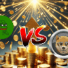 PEPE vs Dogen, w tle złote monety.