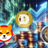 SHIB, DOGE, Dogen, w tle wykres giełdowy i monety.