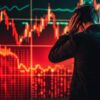 Zmartwiony trader przygląda się czerwonym wykresom giełdowym.