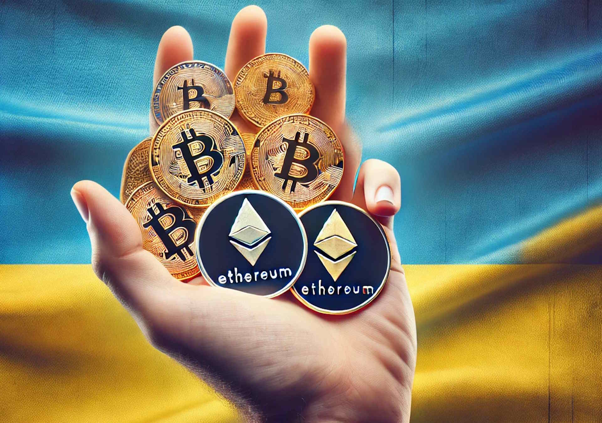 flaga kraju Ukraina i dłoń trzymająca kryptowaluty