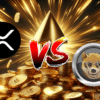 XRP vs Dogen, w tle złote monety.