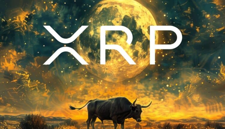 Logo XRP, w tle księżyc i byk.