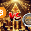 Bitcoin vs Dogen, w tle złote monety.