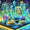 Bitcoiny i Ethereum na tle wykresów giełdowych.