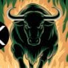 Byk w zielonych płomieniach i logo XRP.