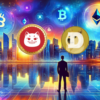 Catzilla, DOGE, BTC i ETH na tle miasta.