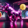 Catzilla, BTC i ETH, w tle byk i wykresy.