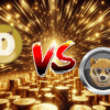 Doge vs Dogen, w tle złote monety.