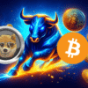 Dogen i BItcoin, w tle rozpędzony byk.