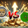 Dogen vs PEPE, w tle złote monety.