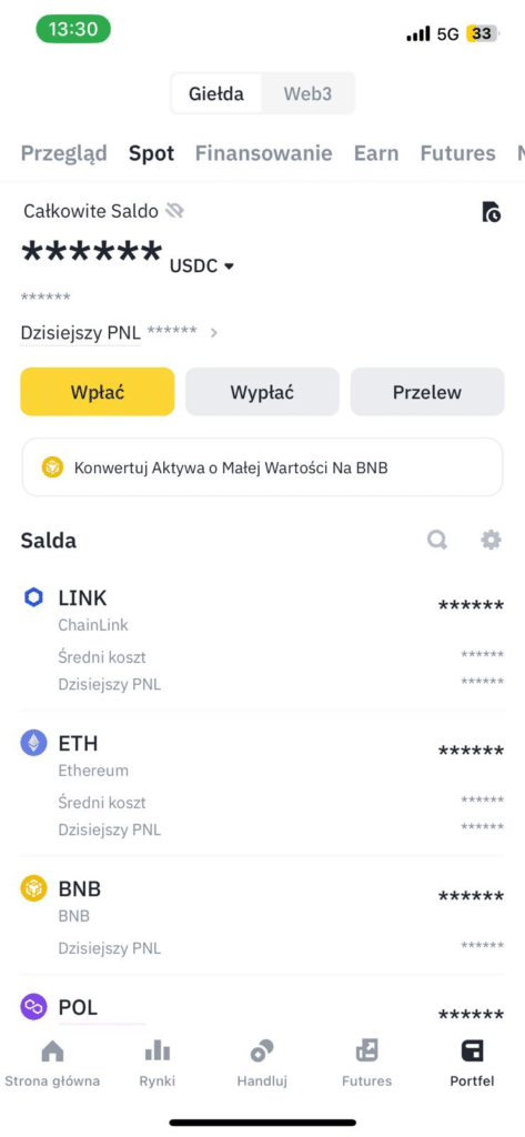 Przykładowy porfel krypto na telefon na giełdzie Binance