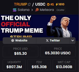 Profil kryptowaluty $TRUMP na platformie Dexscreener