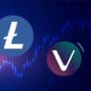 Litecoin i VeChain, w tle wykres giełdowy na ciemnym tle.