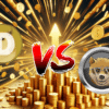 DOGE vs Dogen, w tle złote monety.