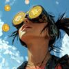 Kobieta w goglach BTC obserwuje spadające z nieba Bitcoiny.