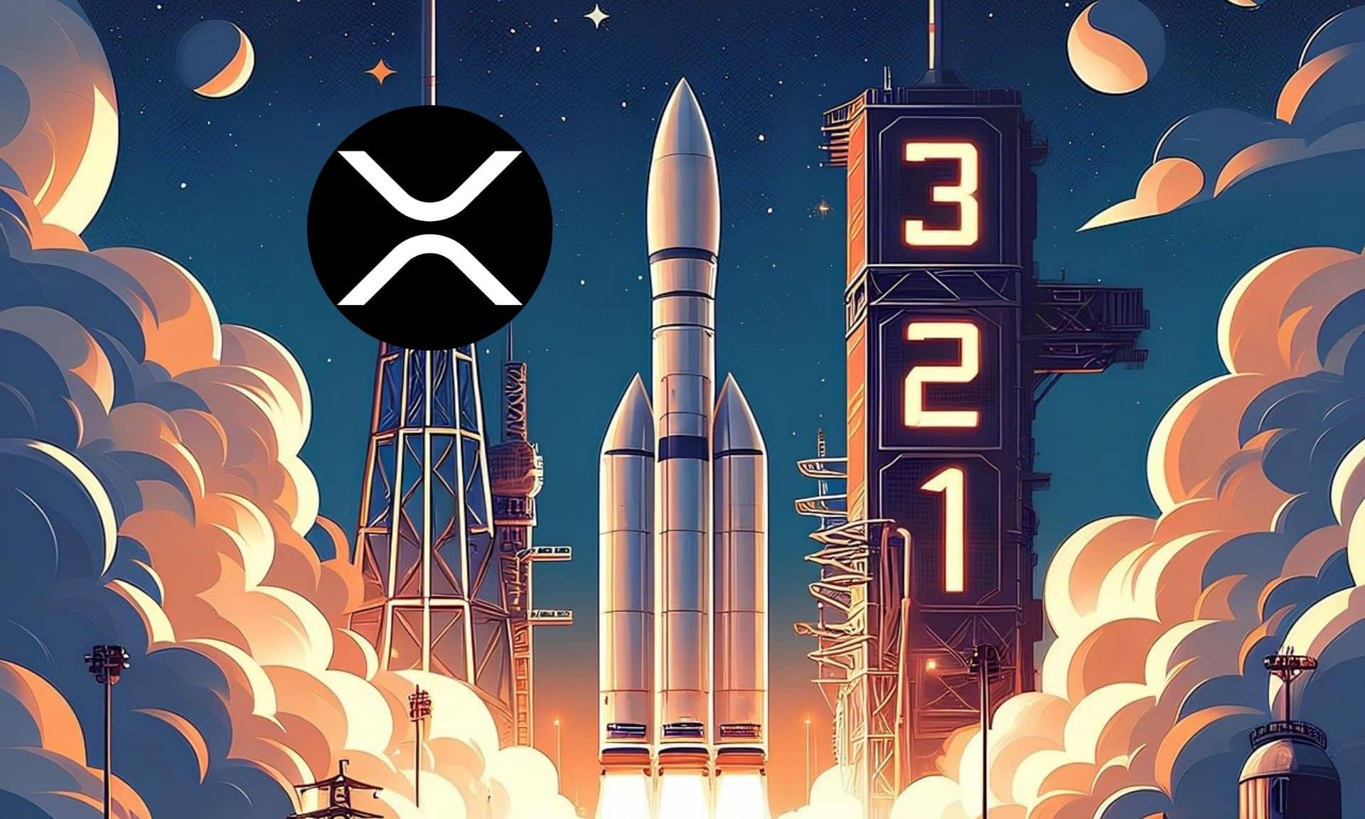 Logo XRP, w tle odliczanie do startu rakiety.