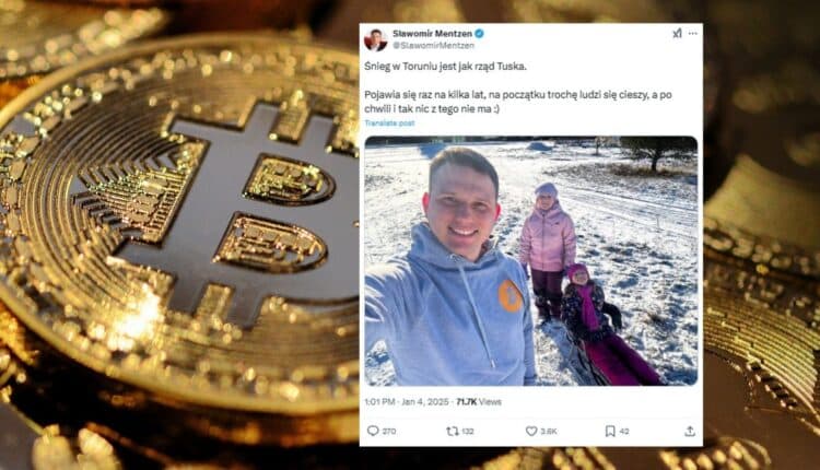 Post Sławomira Mentzena na X. W tle złoty Bitcoin